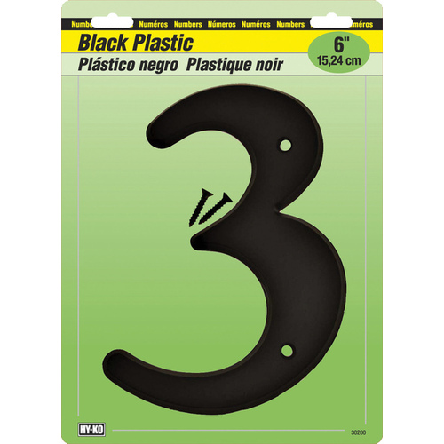 30200 Series House Number, Character: 3, 6 in H Character, Black Character, Plastic