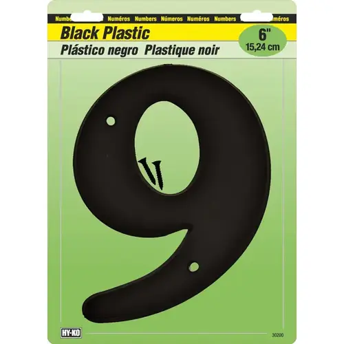 30200 Series House Number, Character: 9, 6 in H Character, Black Character, Plastic