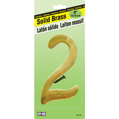 House Number, Character: 2, 4 in H Character, 2-1/2 in W Character, Brass Character, Solid Brass