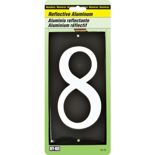 House Number, Character: 8, 3-1/2 in H Character, White Character, Black Background, Aluminum