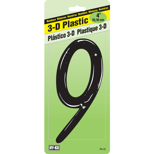 House Number, Character: 9, 4 in H Character, Black Character, Plastic