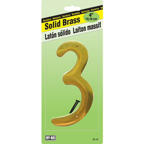 House Number, Character: 3, 4 in H Character, 2-1/2 in W Character, Brass Character, Brass