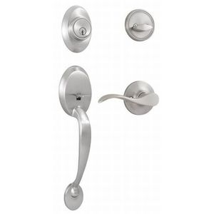Hillcrest Single Cylinder Handleset with Right Hand New Haven Trim with Adjustable Latch and Round Corner Strikes Satin Nickel Finish