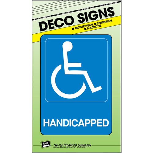 Graphic Sign, Rectangular, HANDICAPPED, White Legend, Blue Background, Plastic, 5 in W x 7 in H Dimensions