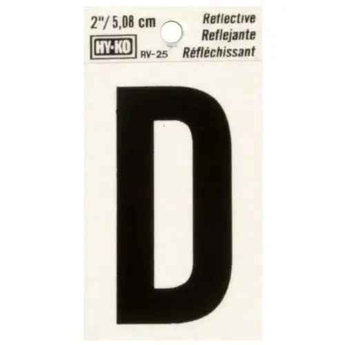 Reflective Letter, Character: D, 2 in H Character, Black Character, Silver Background, Vinyl - pack of 10