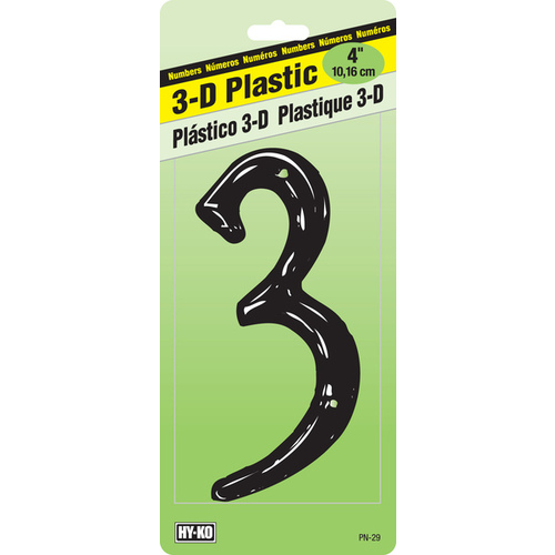 Hy-Ko PN-29/3 House Number, Character: 3, 4 in H Character, Black Character, Plastic