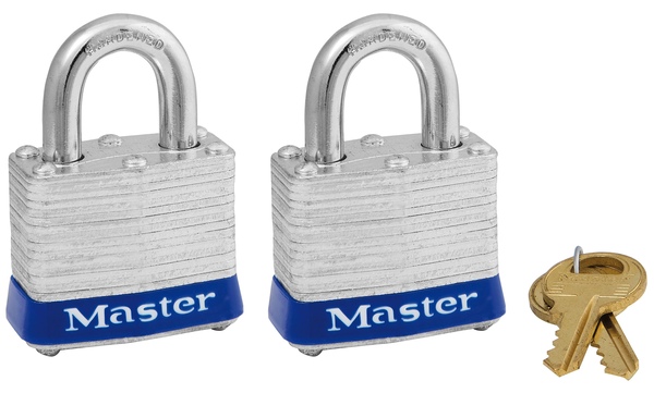 Master Lock 3T Padlock, Keyed Alike Key, 9/32 in Dia Shackle, 3/4 in H Shackle, Steel Shackle, Steel Body, Laminated Pair