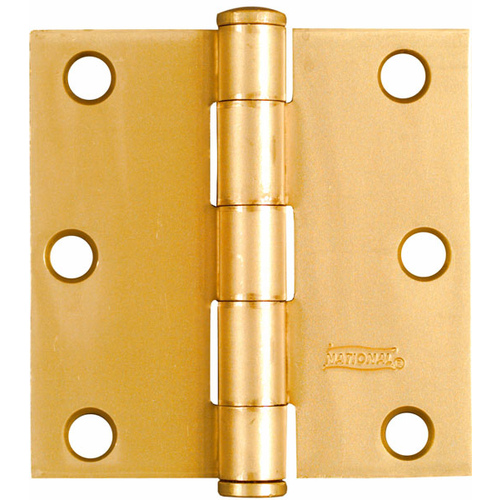 Square Corner Door Hinge, 3 in H Frame Leaf, Cold Rolled Steel, Satin Brass, 50 lb Pair