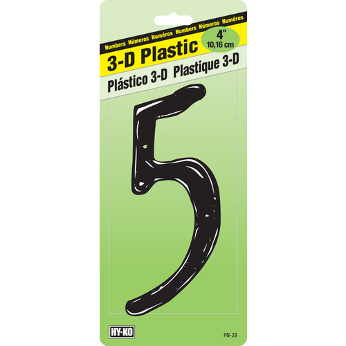 Hy-Ko PN-29/5 House Number, Character: 5, 4 in H Character, Black Character, Plastic