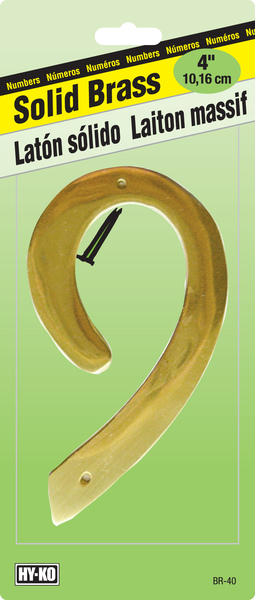 Hy-Ko BR-40/9 House Number, Character: 9, 4 in H Character, 2-1/2 in W Character, Brass Character, Brass