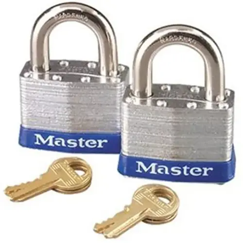 Padlock, Keyed Alike Key, 3/8 in Dia Shackle, 1 in H Shackle, Boron Alloy Shackle, Steel Body, Laminated Pair