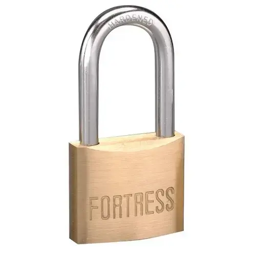 Fortress Series Padlock, Keyed Different Key, 1/4 in Dia Shackle, Steel Shackle, Solid Brass Body Silver