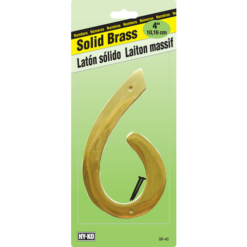 House Number, Character: 6, 4 in H Character, 2-1/2 in W Character, Brass Character, Brass