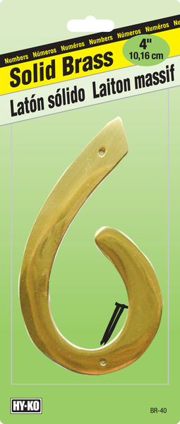 Hy-Ko BR-40/6 House Number, Character: 6, 4 in H Character, 2-1/2 in W Character, Brass Character, Brass