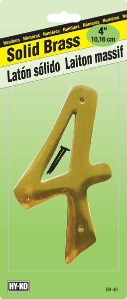 Hy-Ko BR-40/4 House Number, Character: 4, 4 in H Character, 2-1/2 in W Character, Brass Character, Brass