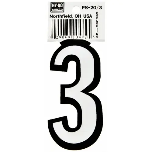 Reflective Sign, Character: 3, 3-1/4 in H Character, Black/White Character, Vinyl - pack of 10