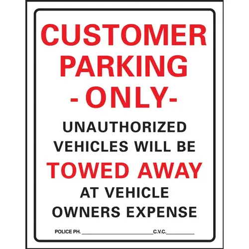 Parking Sign, Rectangular, Black/Red Legend, White Background, Plastic, 15 in W x 19 in H Dimensions