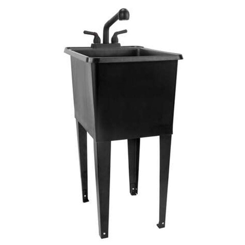 Tehila 040US8001BLKBLK Black Utility Space-Saving Narrow Utility Sink kit with Black 16-Gallon tub, Black pull-out faucet and black legs