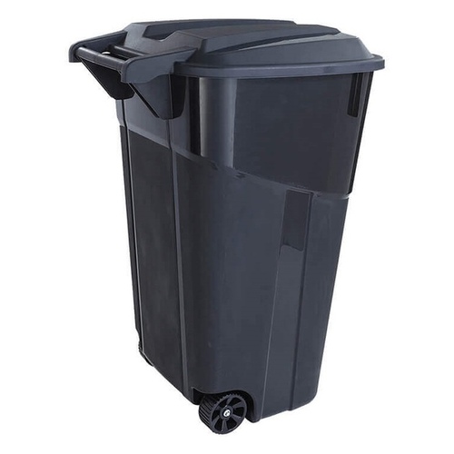 Trash Can Square 32-Gallon Wheeled Injection-Molded Plastic with Snap Tight Hinged Lid Black