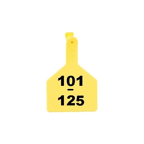 Z Tags 1-PC Pre-Numbered Laser Print Cow Tags, Numbers from 101 - 125, Yellow