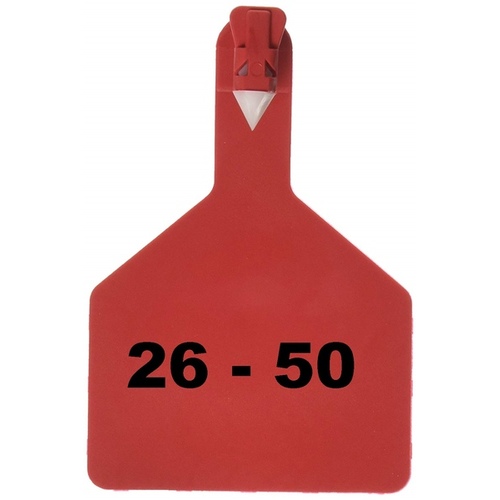 Z Tags 1-PC Pre-Numbered Laser Print Cow Tags, Numbers from 26 - 50, Red