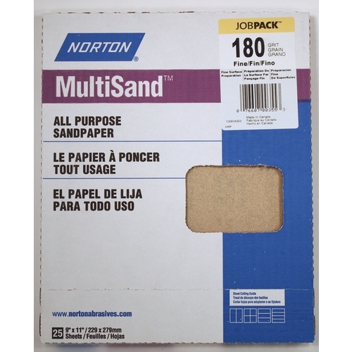 MultiSand 076607 Sanding Sheet, 11 in L, 9 in W, Fine, 180 Grit, Aluminum Oxide Abrasive - pack of 25