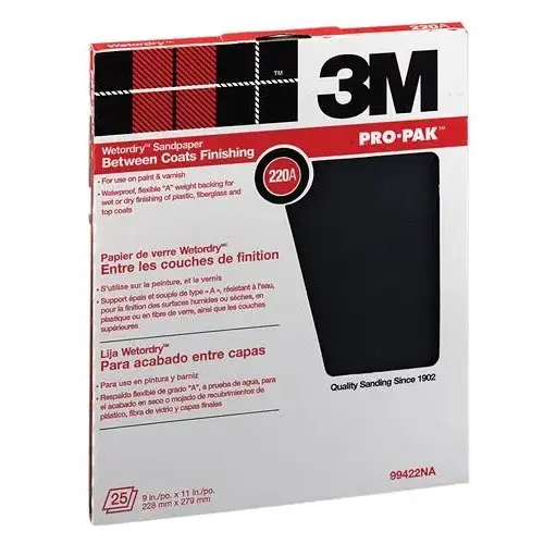 Wetordry Sandpaper, 11 in L, 9 in W, Very Fine, 220 Grit, Silicon Carbide Abrasive, Paper Backing Black - pack of 25