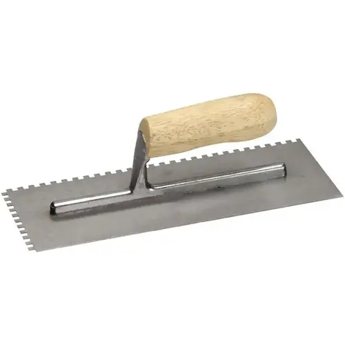 11" X 4-1/2" V Notched Trowel with Curved Wood Handle 1/4" X 3/16"