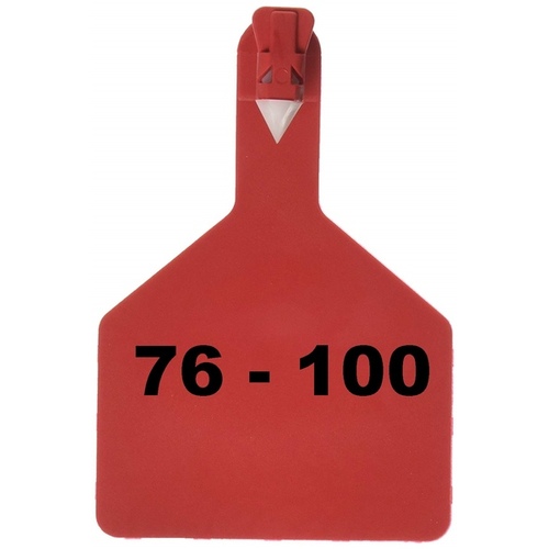 Z Tags 1-PC Pre-Numbered Laser Print Cow Tags, Numbers from 76 - 100, Red