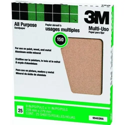 Sandpaper, 11 in L, 9 in W, Fine, 150 Grit, Aluminum Oxide Abrasive, Paper Backing Gold - pack of 25