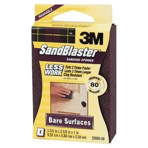 SandBlaster Sanding Sponge, 3-3/4 in L, 2-5/8 in W, 100 Grit, Medium, Aluminum Oxide Abrasive Maroon