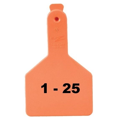 Z Tags 1-PC Pre-Numbered Laser Print Cow Tags, Numbers from 1 - 25, Orange