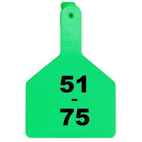 Z Tags 1-PC Pre-Numbered Laser Print Cow Tags, Numbers from 51 - 75, Green