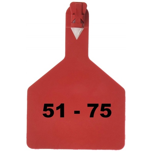 Z Tags 1-PC Pre-Numbered Laser Print Cow Tags, Numbers from 51 - 75, Red