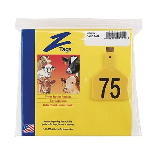 Z Tags 1-PC Pre-Numbered Laser Print Calf Tags, Numbers 51 - 75, Yellow