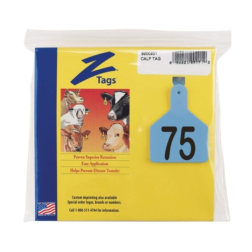 Z Tags 1-PC Pre-Numbered Laser Print Calf Tags, Numbers from 51 - 75, Blue