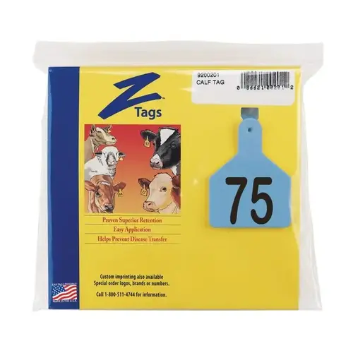 Z Tags 1-PC Pre-Numbered Laser Print Calf Tags, Numbers from 51 - 75, Blue