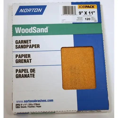 WoodSand 076607 Sanding Sheet, 11 in L, 9 in W, Medium, 120 Grit, Garnet Abrasive, Paper Backing - pack of 25