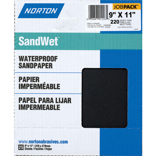 Sanding Sheet, 9 in L, 11 in W, 220A Grit, Very Fine, Aluminum Oxide Abrasive - pack of 25