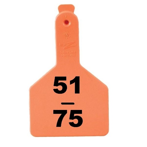 Z Tags 1-PC Pre-Numbered Laser Print Cow Tags, Numbers from 51 - 75, Orange