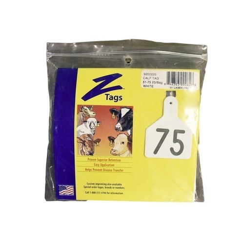 Z Tags 22712290 Z Tags 1-PC Pre-Numbered Laser Print Calf Tags, Numbers from 51 - 75, White