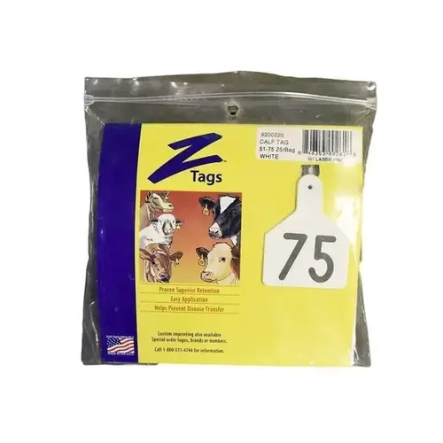 Z Tags 1-PC Pre-Numbered Laser Print Calf Tags, Numbers from 51 - 75, White