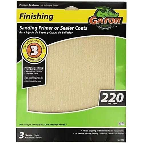 Sanding Sheet, 11 in L, 9 in W, 220 Grit, Extra Fine, Aluminum Oxide Abrasive - pack of 3