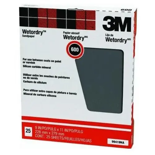 Wetordry Sandpaper, 11 in L, 9 in W, Super Fine, 600 Grit, Silicon Carbide Abrasive, Paper Backing Black - pack of 25