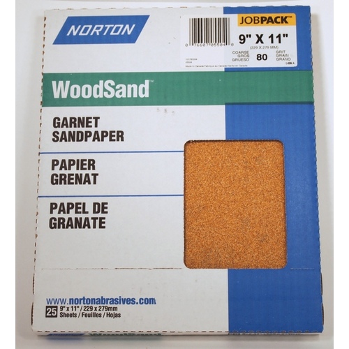 WoodSand 076607 Sanding Sheet, 11 in L, 9 in W, Coarse, 80 Grit, Garnet Abrasive, Paper Backing - pack of 25