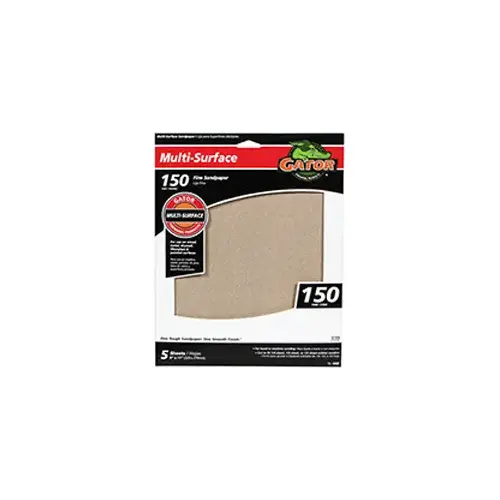 Sanding Sheet, 11 in L, 9 in W, 150 Grit, Fine, Aluminum Oxide Abrasive - pack of 5