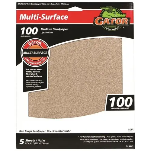 Sanding Sheet, 11 in L, 9 in W, 100 Grit, Medium, Aluminum Oxide Abrasive - pack of 5