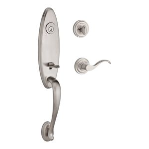 Single Cylinder Chesapeake Handleset Right Hand Curve Lever and Traditional Round Rose with 6AL Latch and Dual Strike Satin Nickel Finish
