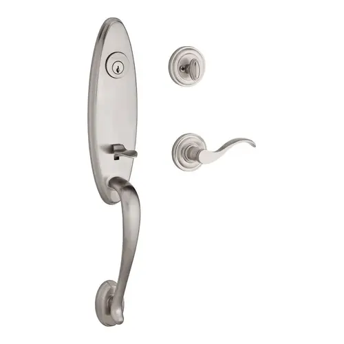 Single Cylinder Chesapeake Handleset Right Hand Curve Lever and Traditional Round Rose with 6AL Latch and Dual Strike Satin Nickel Finish