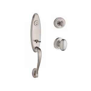 Single Cylinder Chesapeake Handleset Ellipse Knob and Traditional Round Rose with 6AL Latch and Dual Strike Satin Nickel Finish